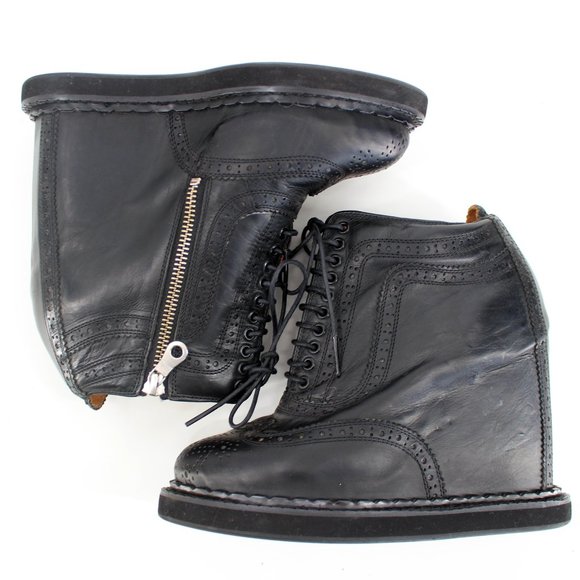 Mihara Yasuhiro Black Brogue Wedge Boots 6.5 Lace Up Platform Oxford Zip Japan - Picture 8 of 13